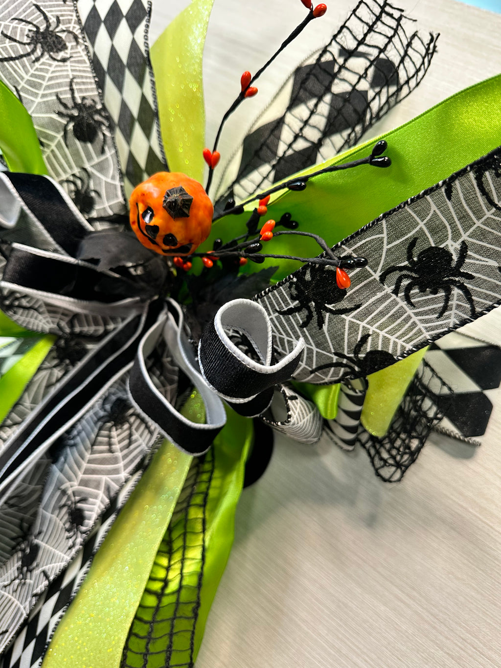 Wicked Web Luxury Oversized Door Bow – Lime Green, Black & White Halloween Statement Bow