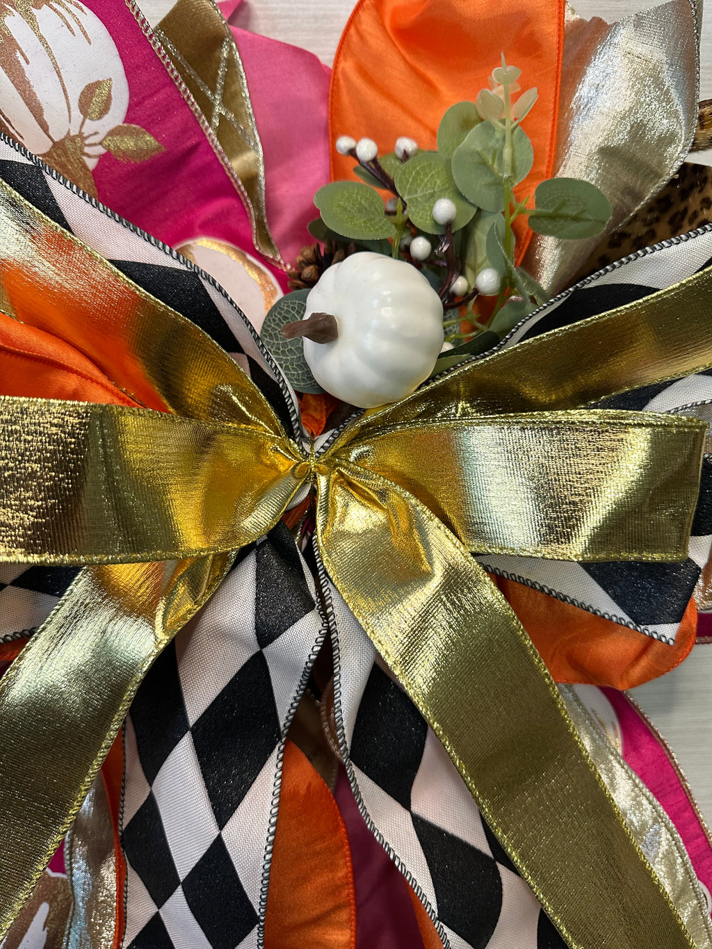 Maison Ember Luxury Oversized Door Bow – Hot Pink, Orange, Gold & Black Fall Statement Bow
