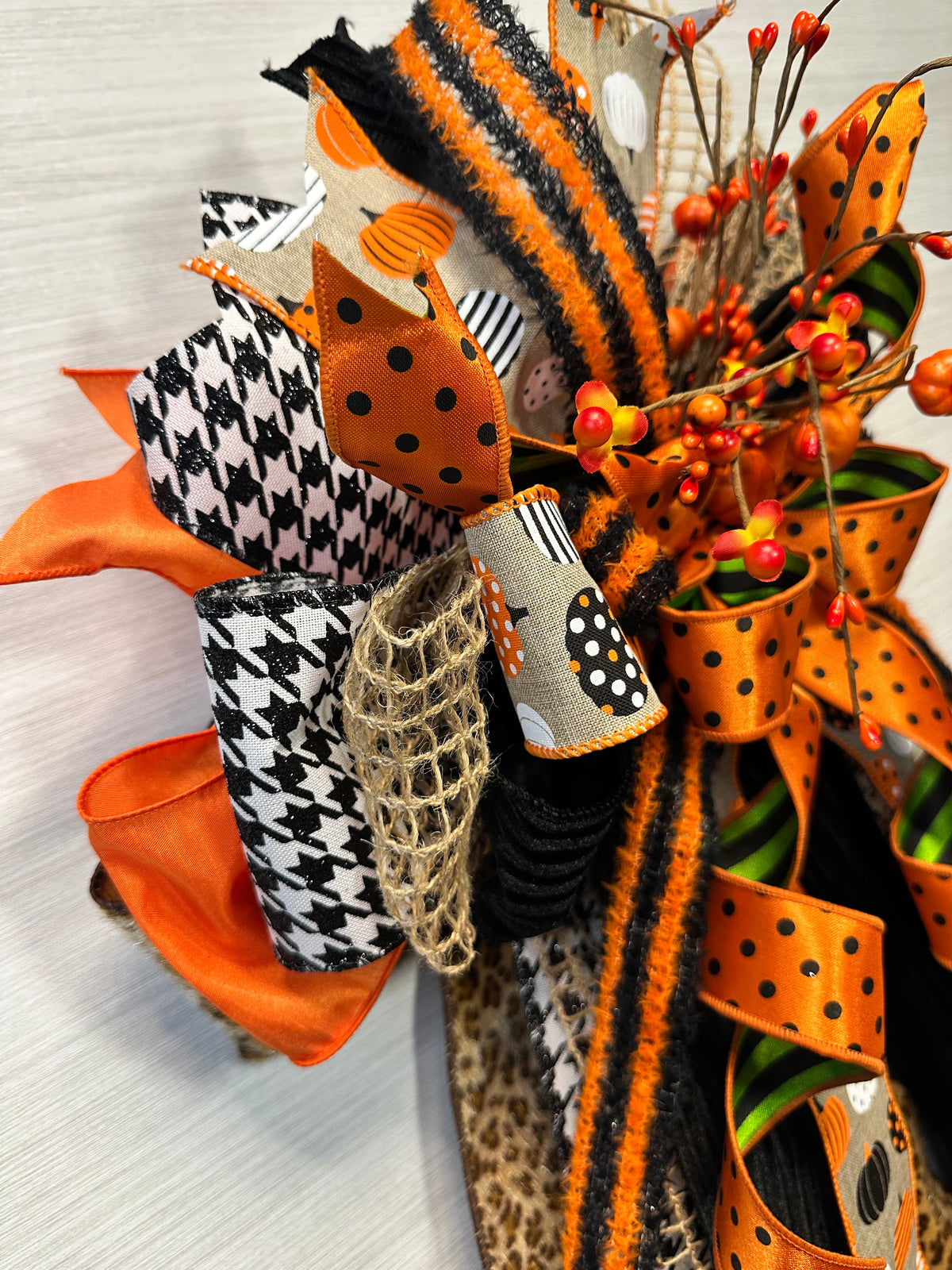The Hidden Hollow Luxury Halloween Door Bow – Orange, Black & Lime Green Pumpkin Statement Bow