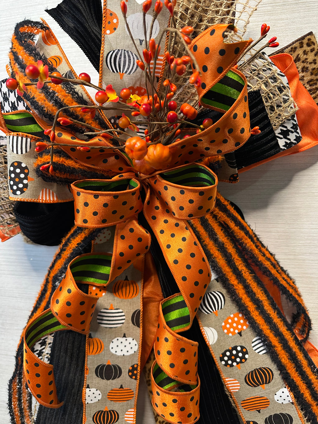 The Hidden Hollow Luxury Halloween Door Bow – Orange, Black & Lime Green Pumpkin Statement Bow