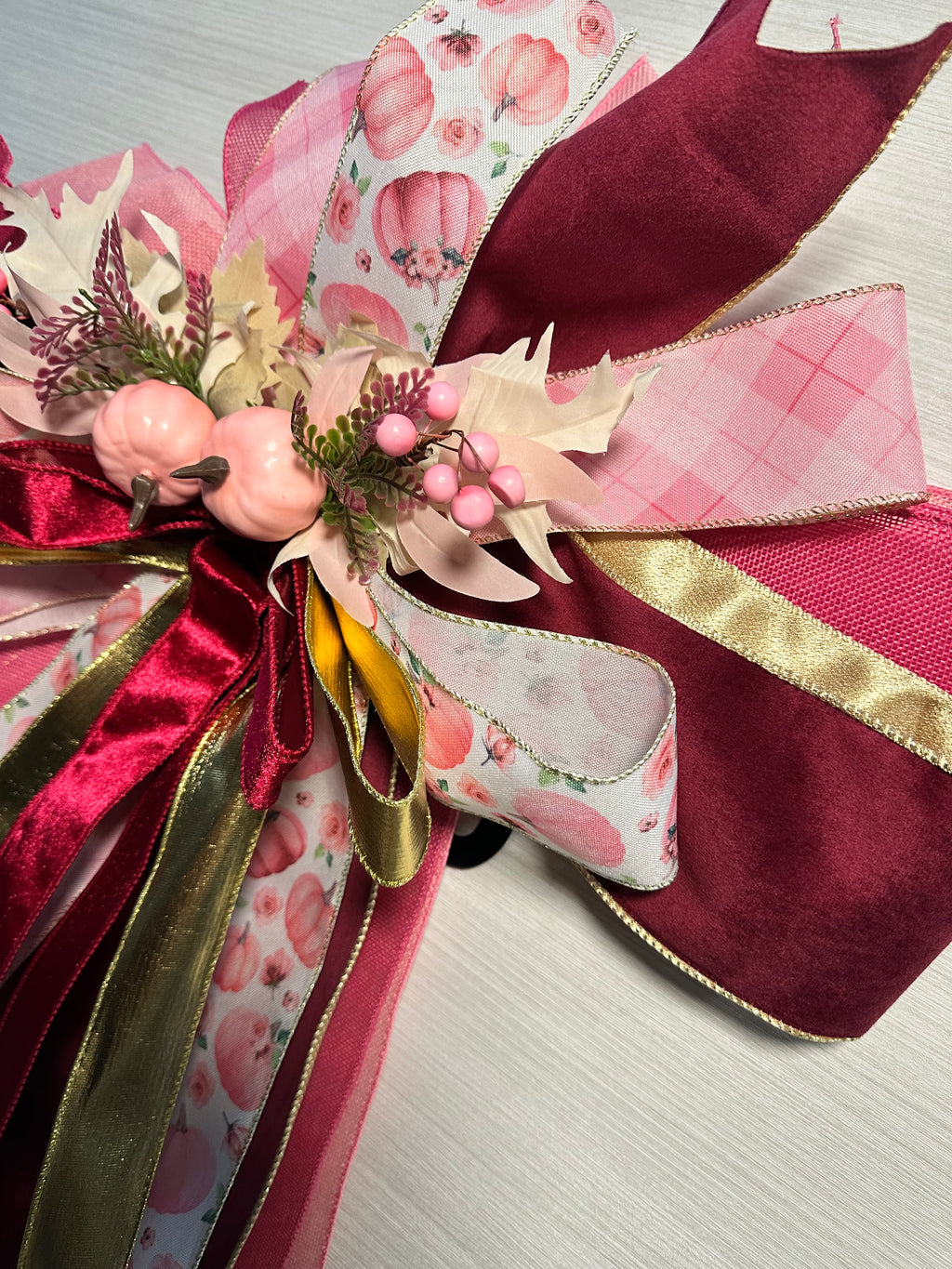 Pumpkin Parlour Luxury Oversized Door Bow – Pink, Burgundy & Gold Fall Statement Bow