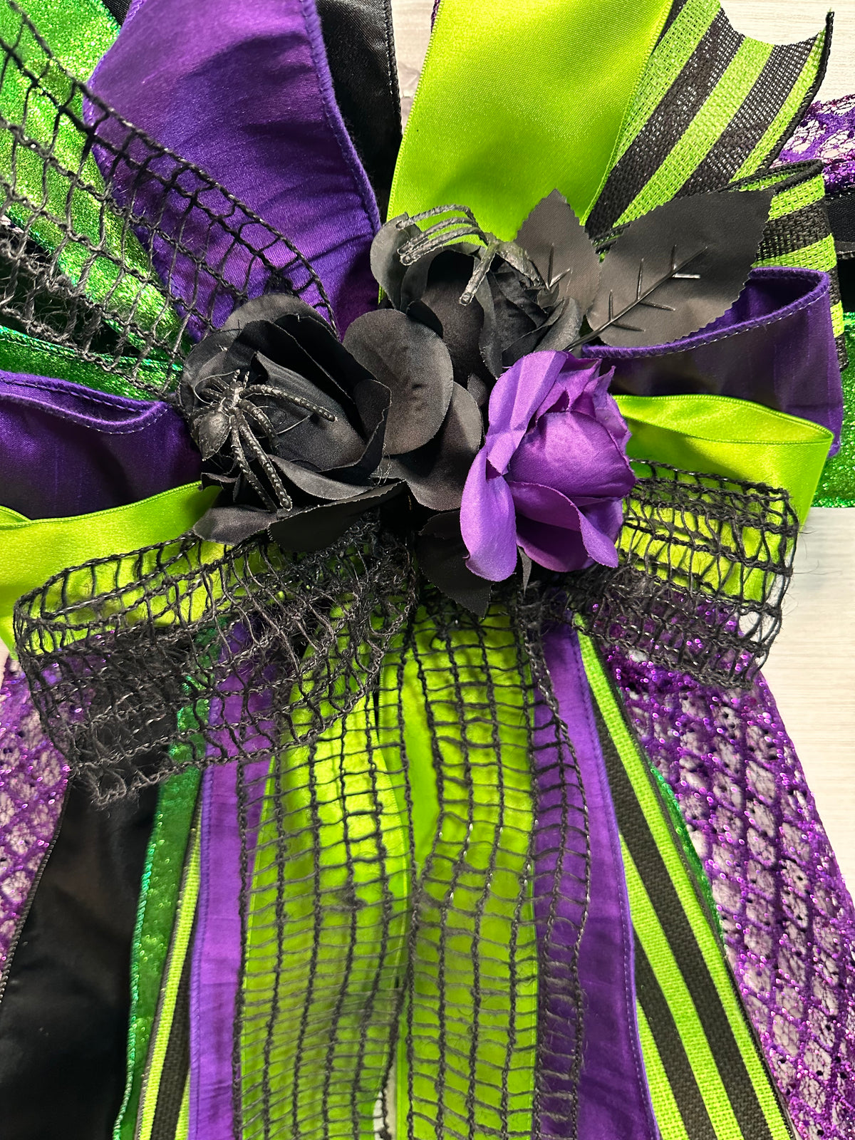 Little Bit Wicked Luxury Oversized Door Bow – Purple, Lime Green & Black Halloween Statement Bow