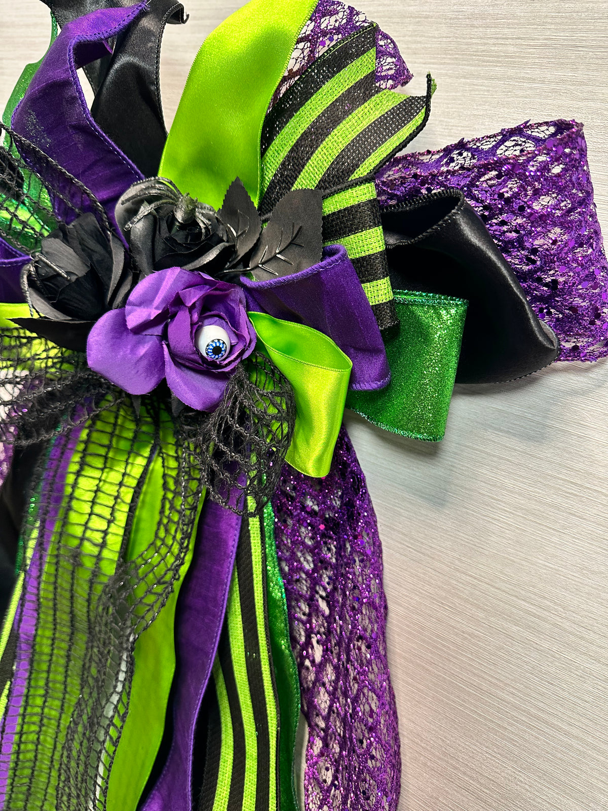 Little Bit Wicked Luxury Oversized Door Bow – Purple, Lime Green & Black Halloween Statement Bow