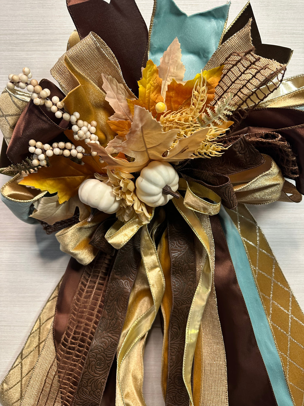 Autumn Reverie Luxury Oversized Door Bow – Turquoise, Chocolate Brown & Gold Fall Statement Bow