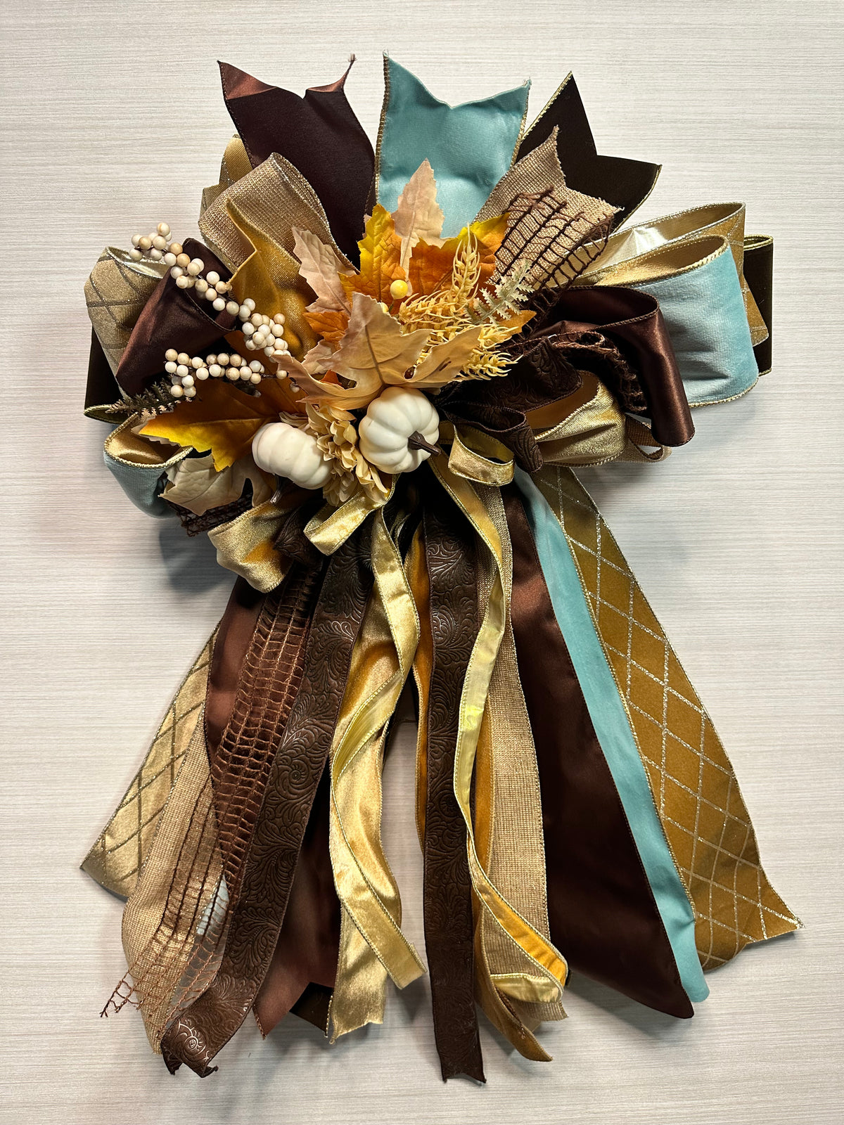 Autumn Reverie Luxury Oversized Door Bow – Turquoise, Chocolate Brown & Gold Fall Statement Bow