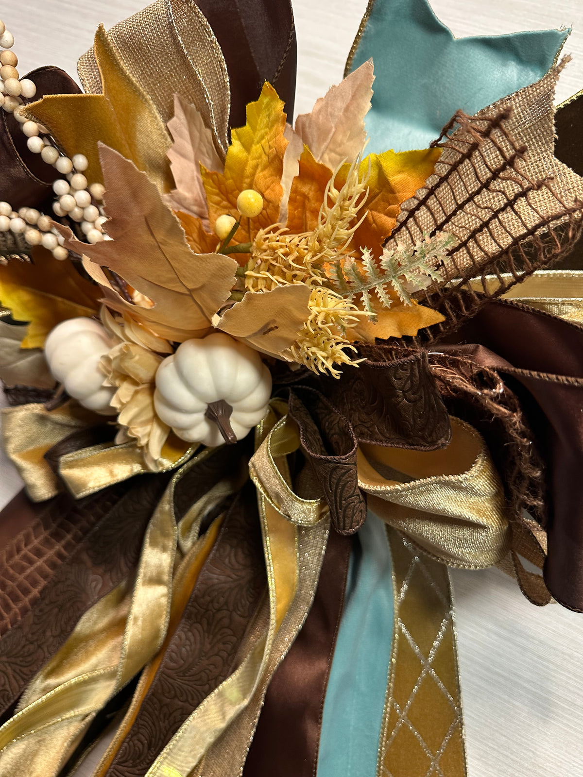 Autumn Reverie Luxury Oversized Door Bow – Turquoise, Chocolate Brown & Gold Fall Statement Bow