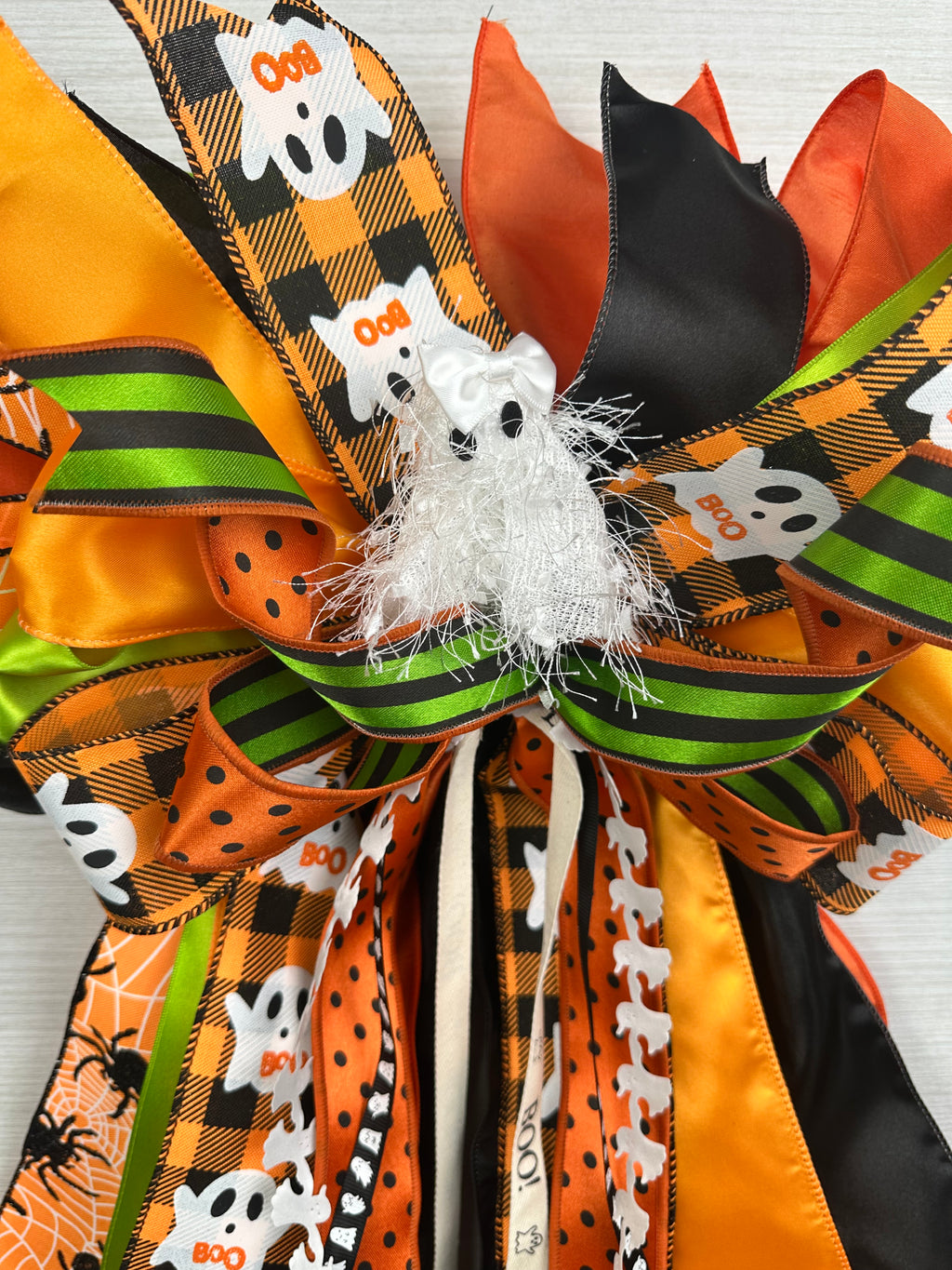 Spellbound Luxury Halloween Oversized Door Bow / Orange, Black, Green / Ghosts & Spiders