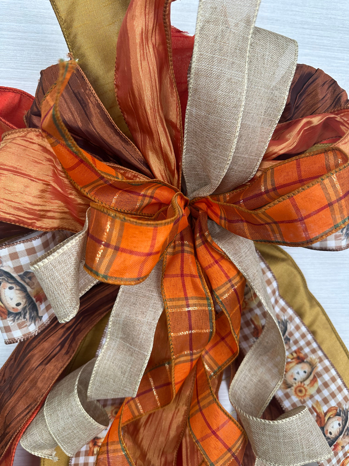 Broom & Briar Oversized Fall Door Bow / Orange, Brown, Tan / Scarecrow Print