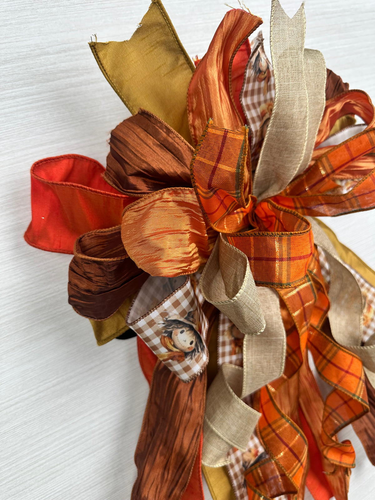 Broom & Briar Oversized Fall Door Bow / Orange, Brown, Tan / Scarecrow Print