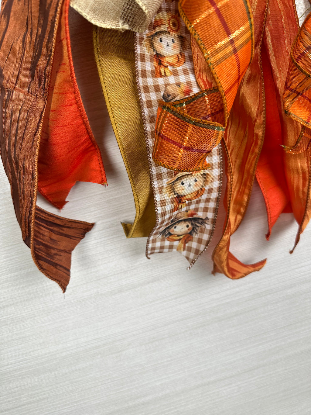 Broom & Briar Oversized Fall Door Bow / Orange, Brown, Tan / Scarecrow Print