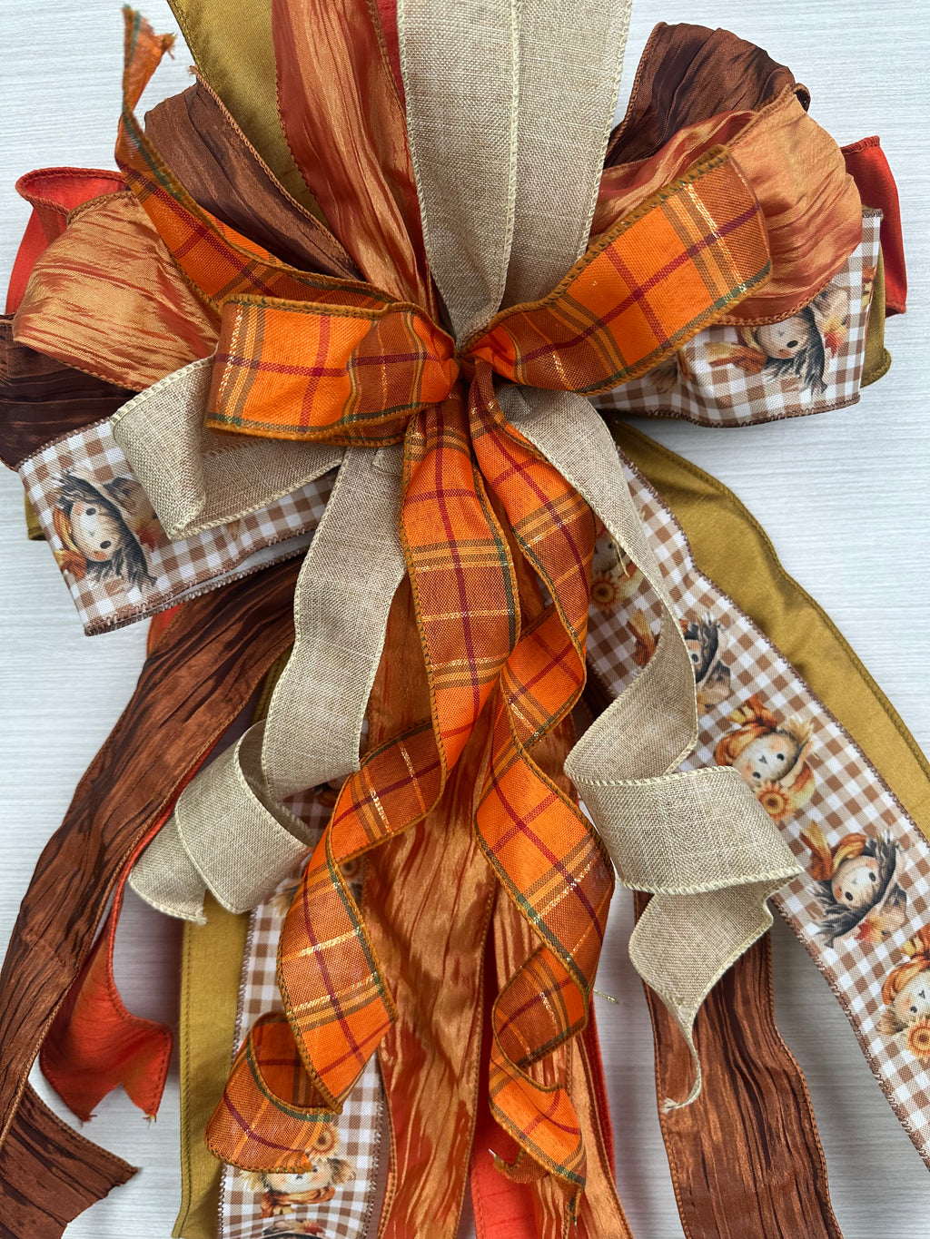 Broom & Briar Oversized Fall Door Bow / Orange, Brown, Tan / Scarecrow Print