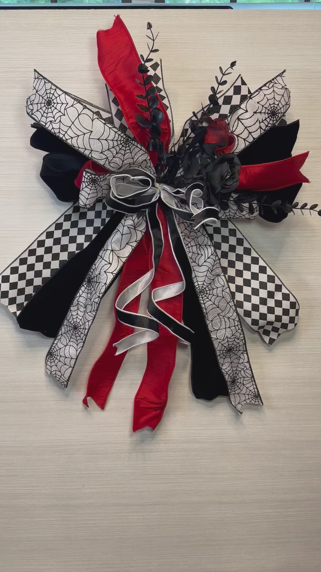 Black Widow Medium Halloween Door Bow – Red, Black & White Spider Statement Bow