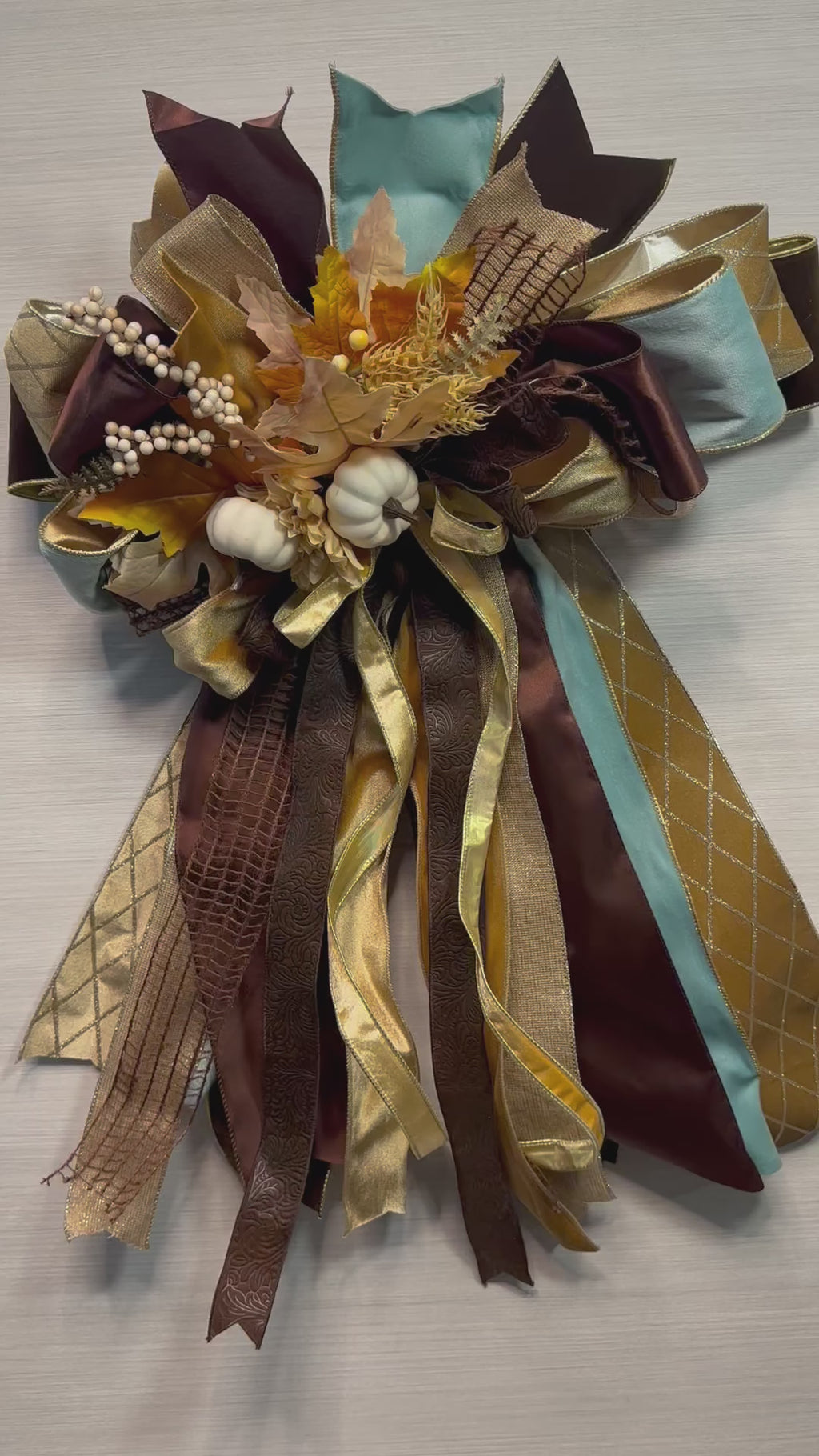 Autumn Reverie Luxury Oversized Door Bow – Turquoise, Chocolate Brown & Gold Fall Statement Bow