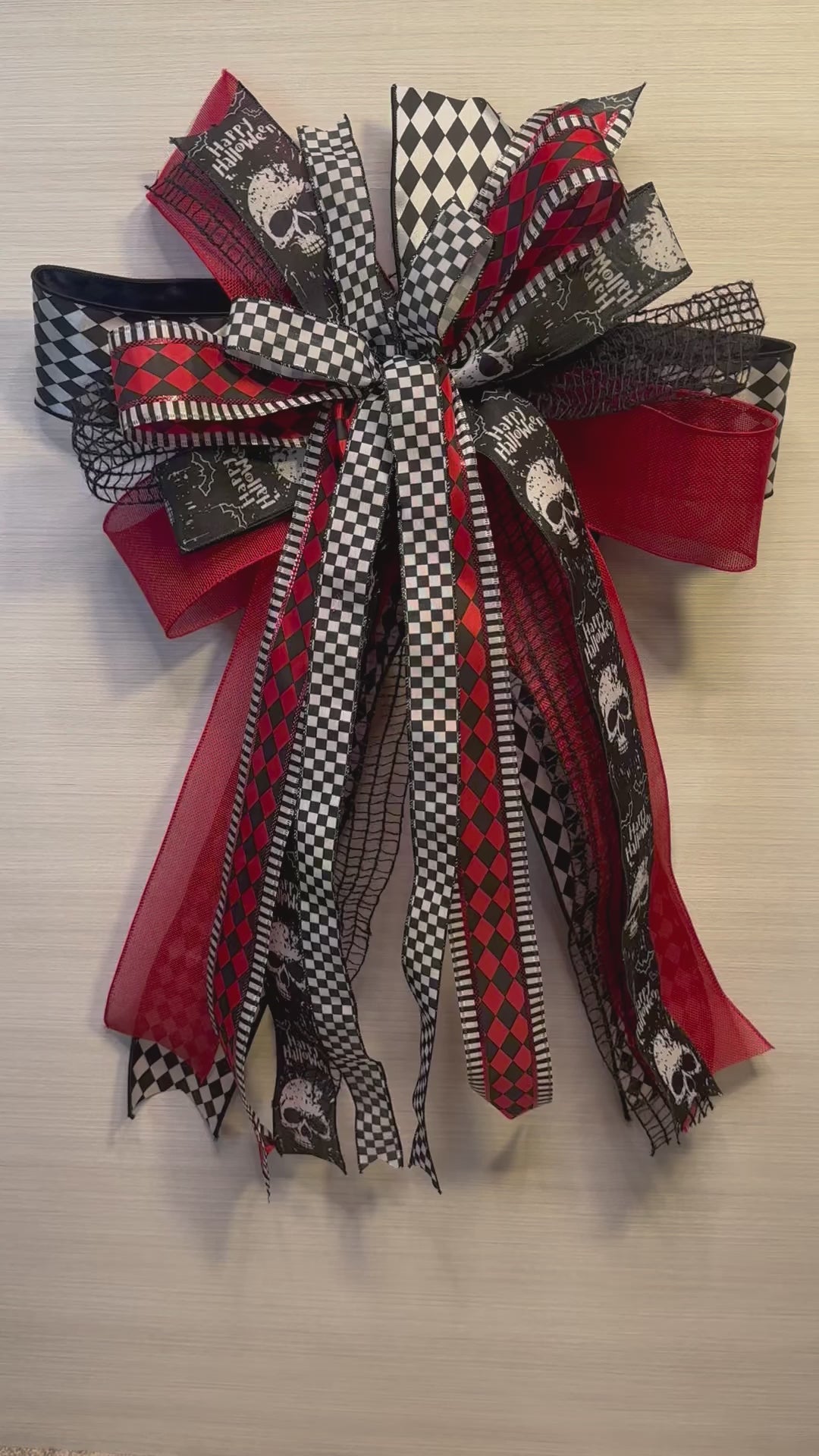 Graveyard Shift Luxury Oversized Door Bow | Black, Red & White Halloween Statement Bow