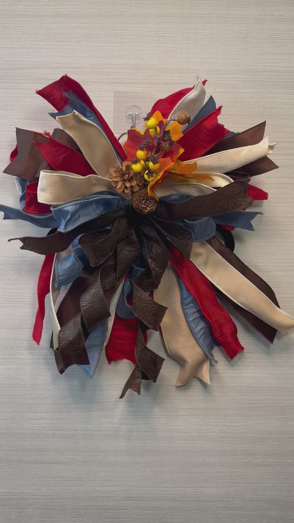 Autumn Reserve Medium Door Bow – Red, Blue, Cream & Chocolate Brown Fall Statement Bow