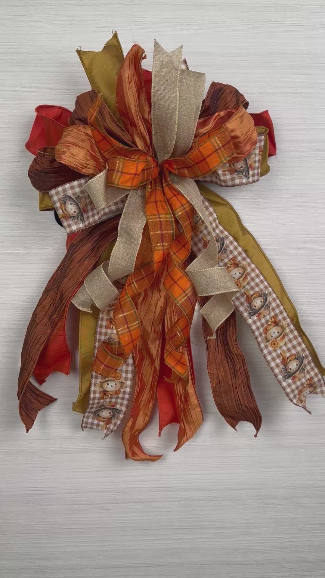 Broom & Briar Oversized Fall Door Bow / Orange, Brown, Tan / Scarecrow Print