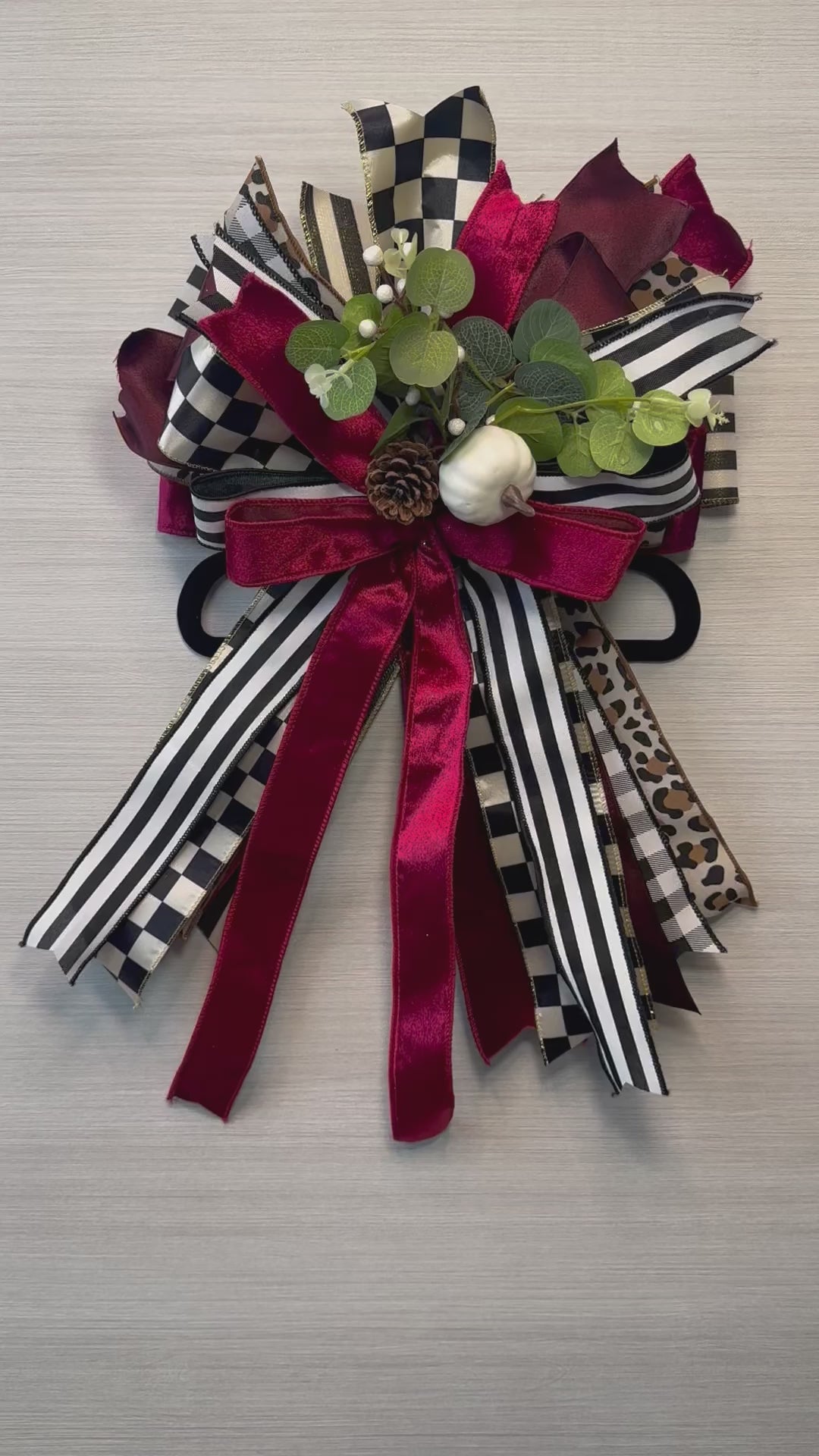Autumn Finery Medium Door Bow – Burgundy, Black & White Fall Statement Bow