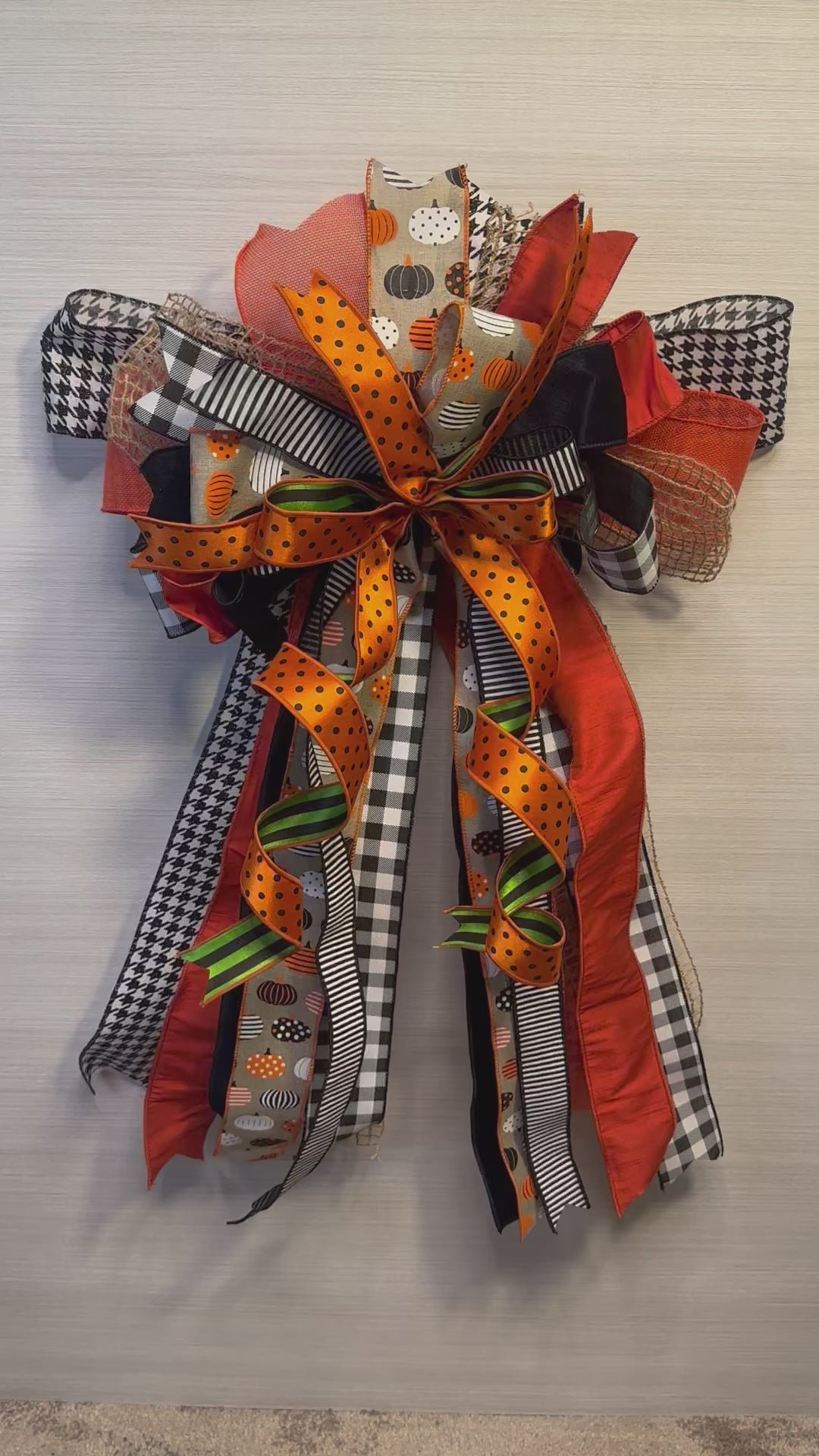 Pumpkin Finery Luxury Oversized Door Bow | Pumpkin Orange, Black, White & Green Statement Bow