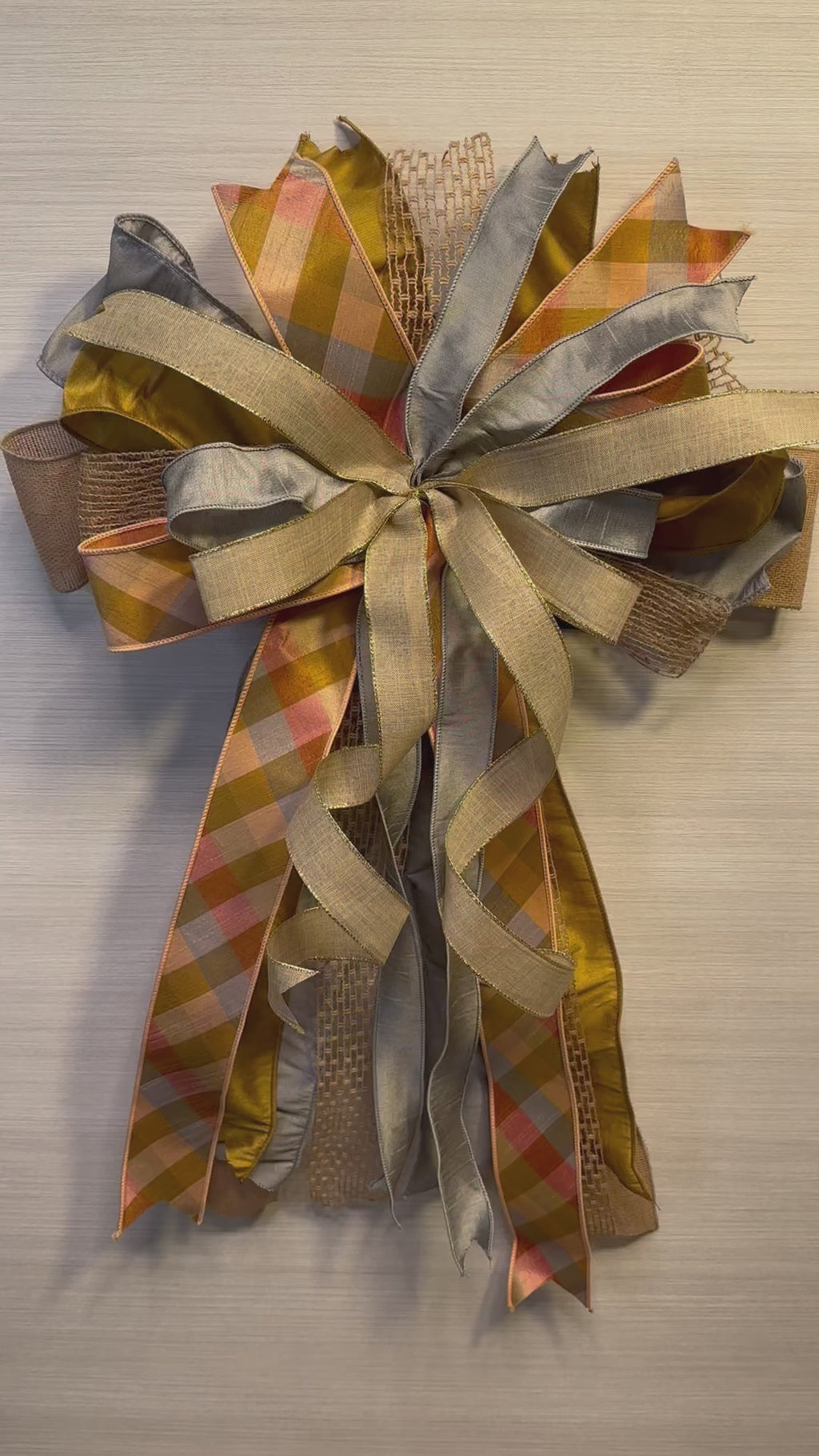 Whispering Wheat | Luxury Oversized Door Bow | Neutrals with Peach, Silver Gray & Tan Statement Bow
