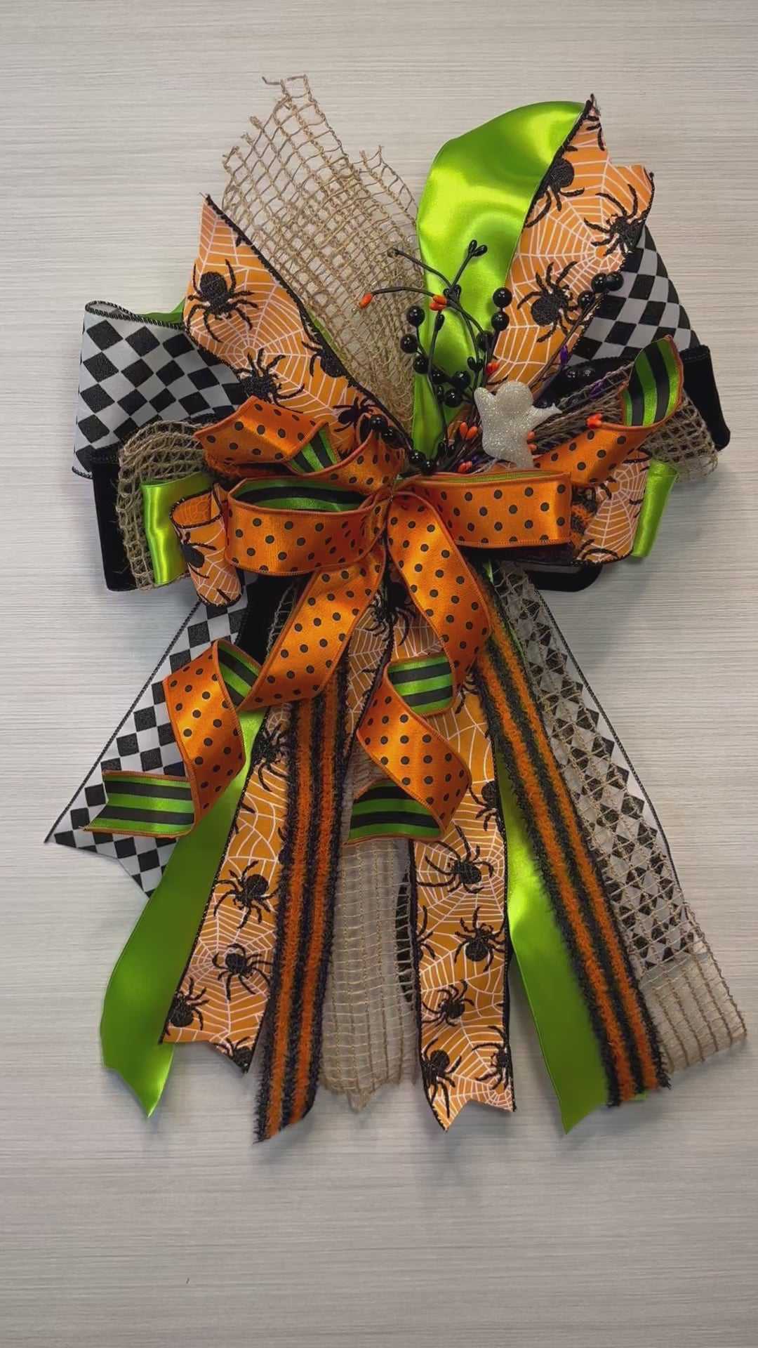 Spider’s Kiss Luxury Oversized Door Bow – Orange, Lime Green & Black Halloween Statement Bow