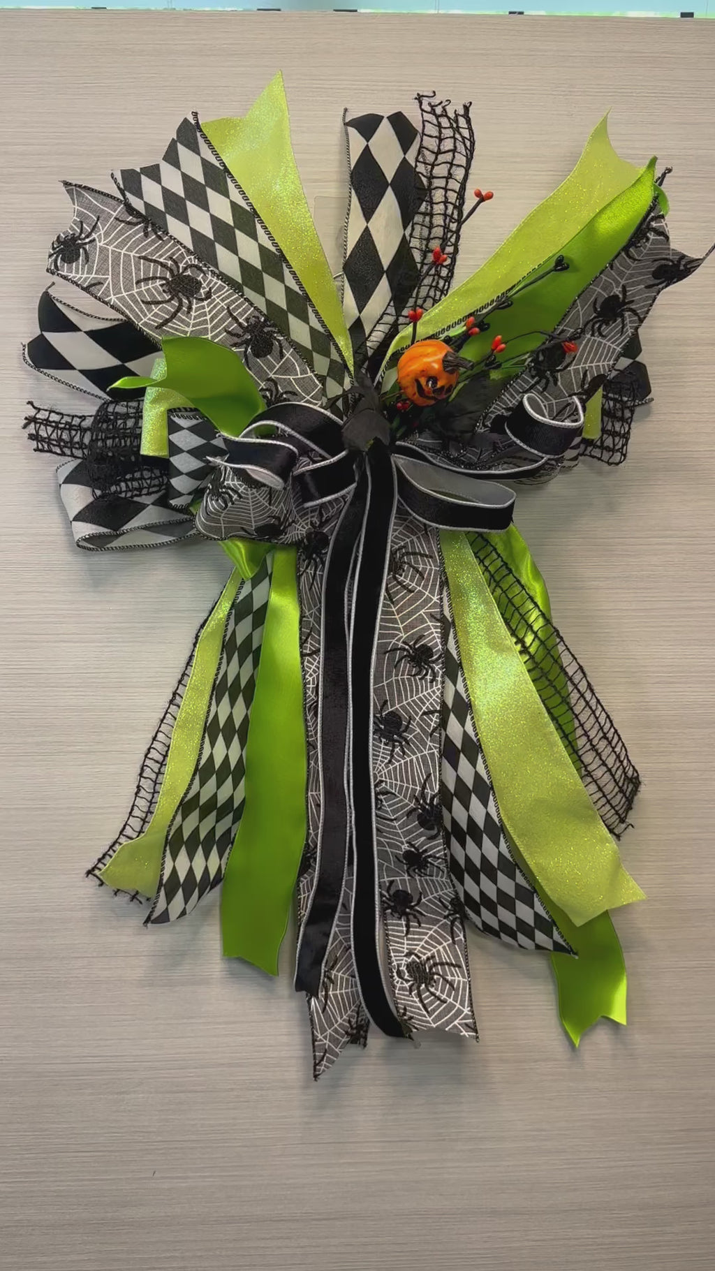 Wicked Web Luxury Oversized Door Bow – Lime Green, Black & White Halloween Statement Bow